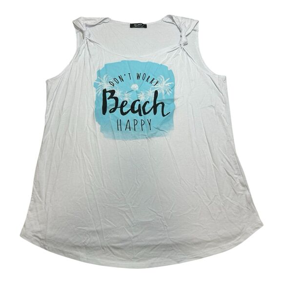 Eva James Tops - Ava James Large White “Don’t Worry Beach Happy” Graphic Knot Shoulder Tank Top